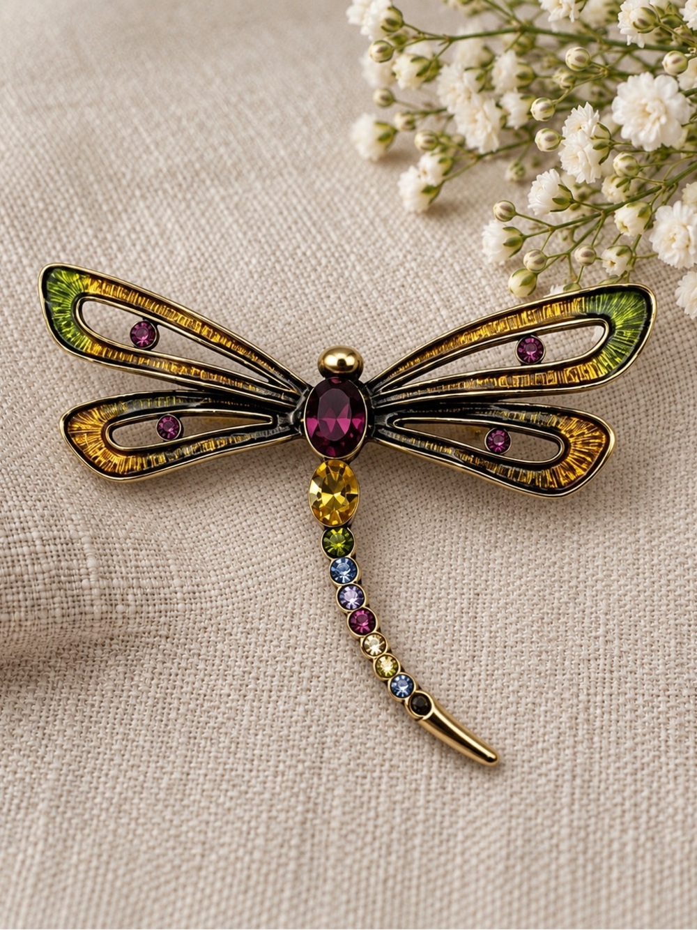 Vintage Monet Enamel Rhinestone Dragonfly Brooch